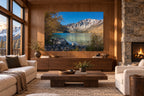 A Quiet Radiance displayed as a frameless acrylic print above a wood console in a warm Mammoth Lakes chalet living room.