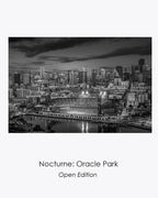 Nocturne: Oracle Park open-edition black-and-white photograph of San Francisco’s illuminated waterfront ballpark.