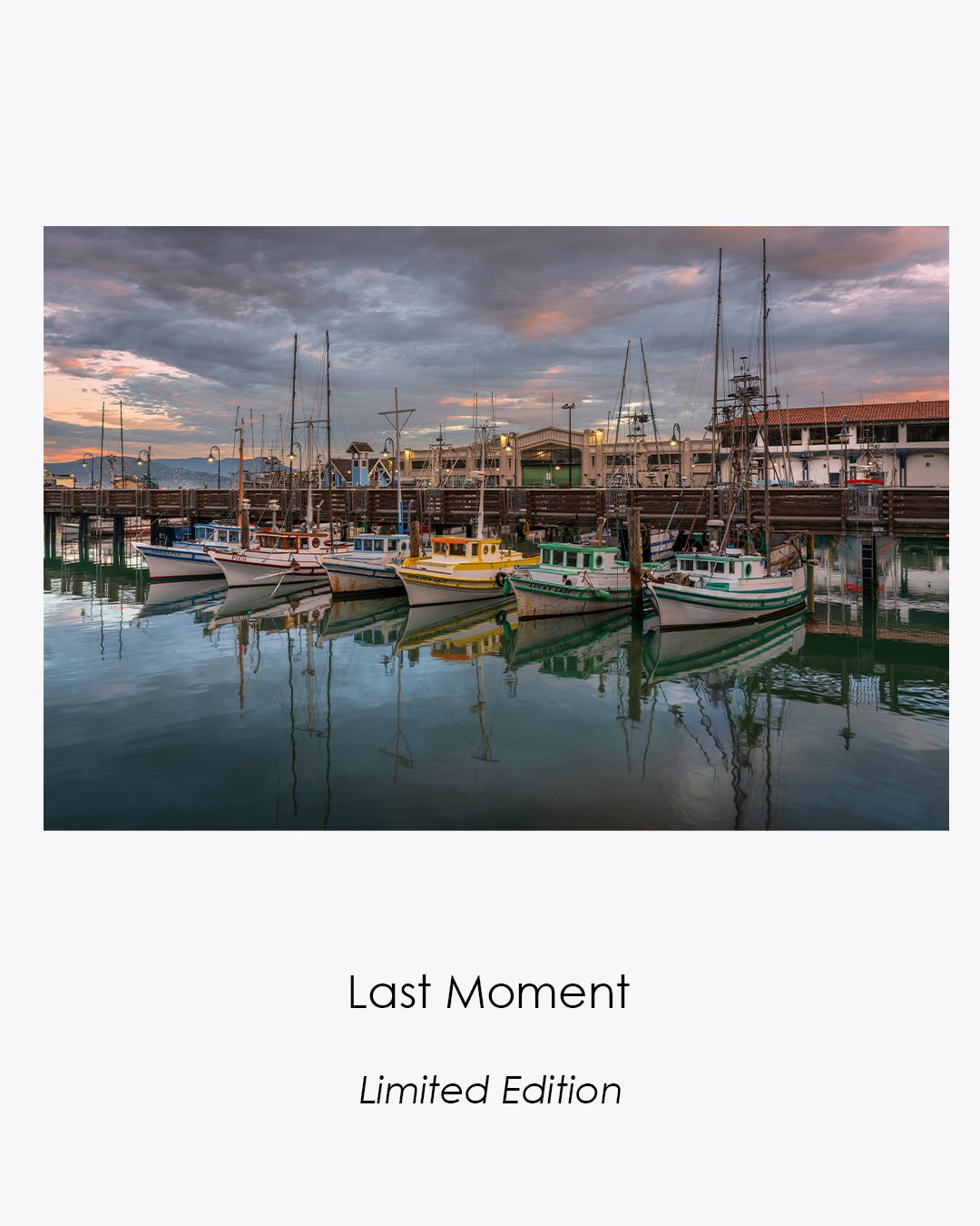 Last Moment fine art photograph of illuminated boats resting in a quiet San Francisco harbor before dawn.