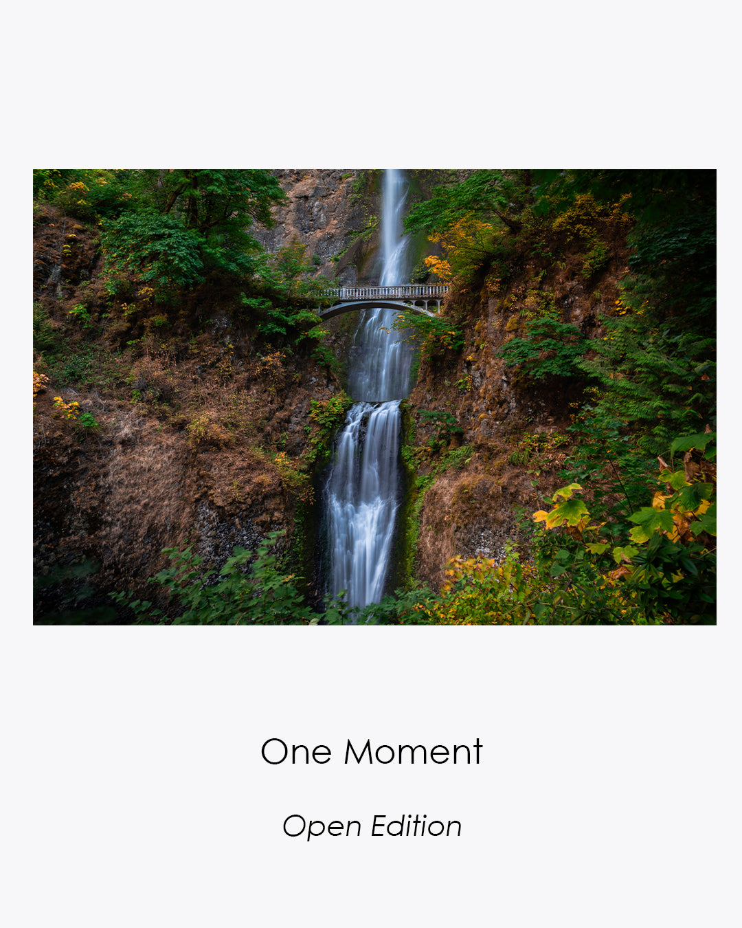 One Moment woodland fine art photograph featuring Multnomah Falls surrounded by autumn foliage.