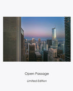 Open Passage fine art aerial photograph of the Chicago skyline framed by skyscrapers in the natural colors of sunrise.