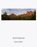 Quiet Expanse, a panoramic view of Sedona’s red rock valley glowing in the final light of day.