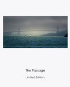The Passage limited-edition fine art photograph featuring sailboats illuminated beneath the fog-covered Golden Gate Bridge.