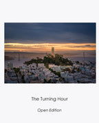 The Turning Hour open-edition fine art photograph of Coit Tower and the Bay Bridge at dawn in San Francisco.