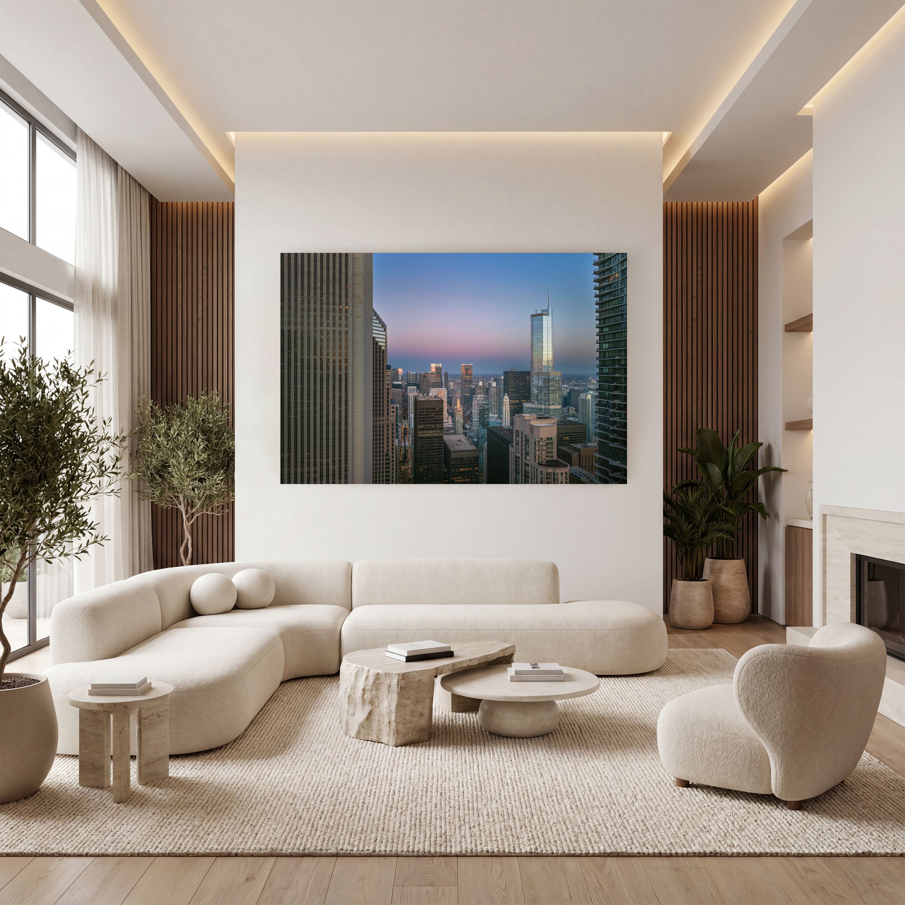 Large-scale Open Passage Chicago aerial photograph displayed above a curved white sofa in a luxurious contemporary living room.