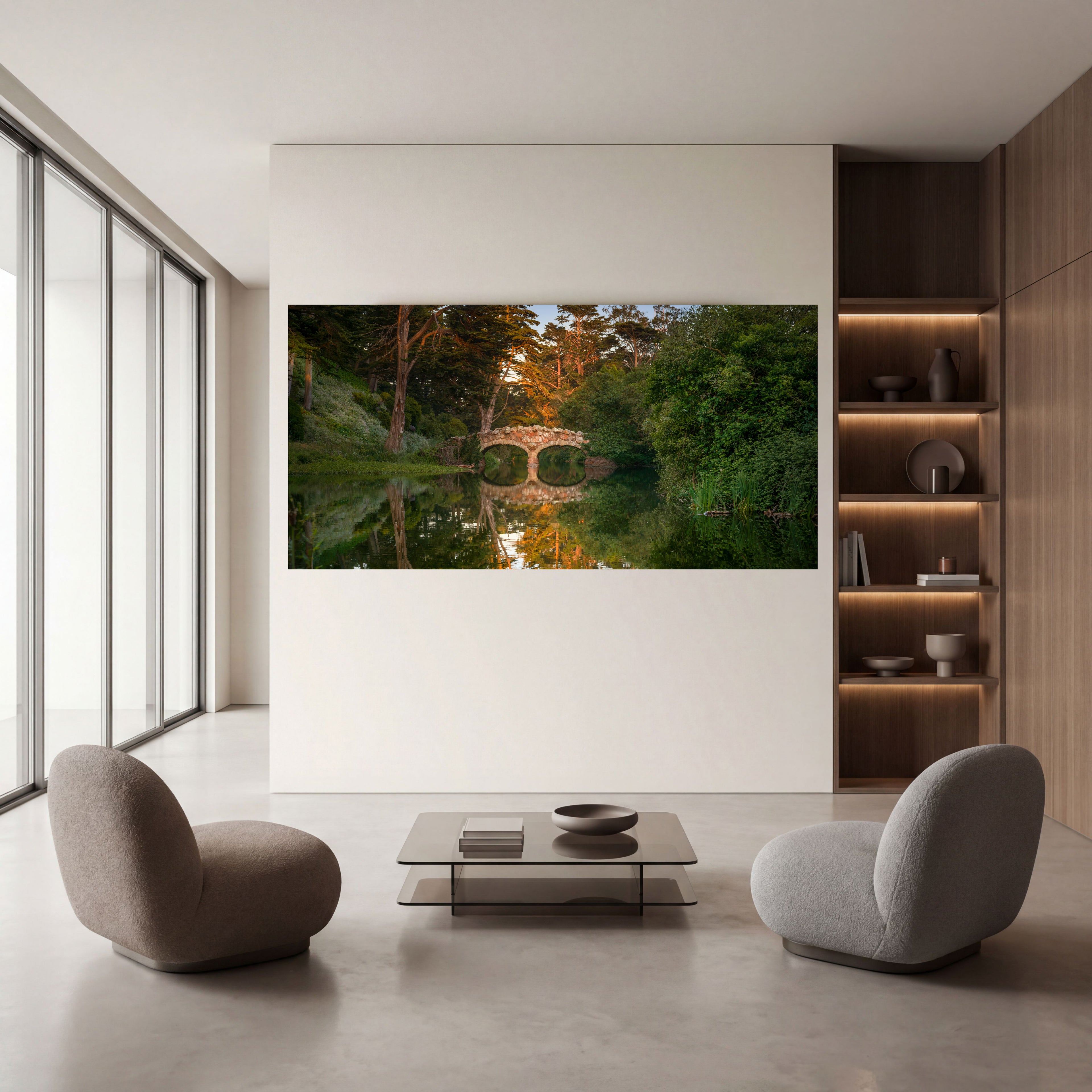 Large-scale Secret Passage panoramic photograph displayed on a pale wall in a refined contemporary room with warm wood shelving.