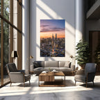 Large vertical print of Drawn Into Morning displayed above a sofa in a modern executive office with tall windows and warm morning light.