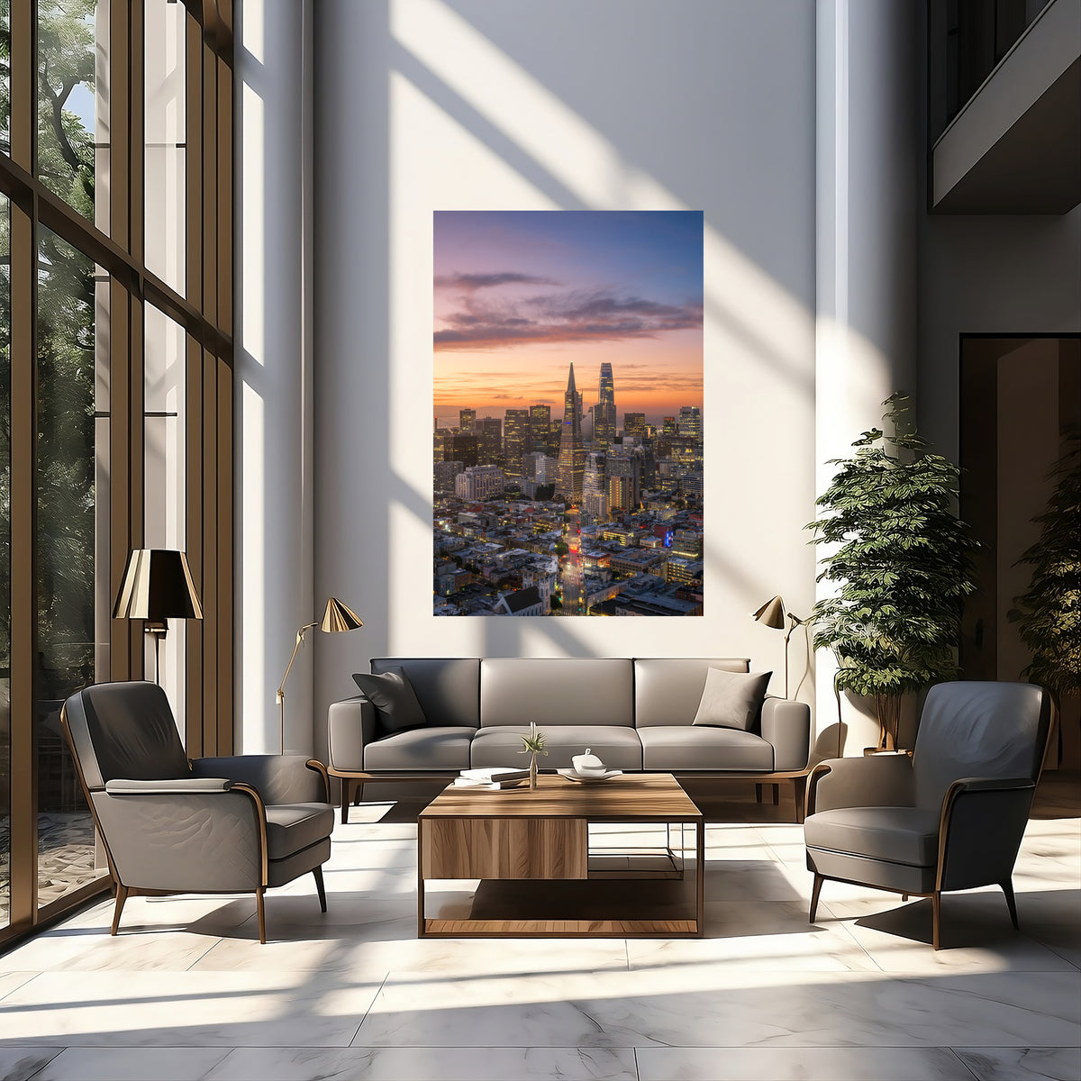 Large vertical print of Drawn Into Morning displayed above a sofa in a modern executive office with tall windows and warm morning light.