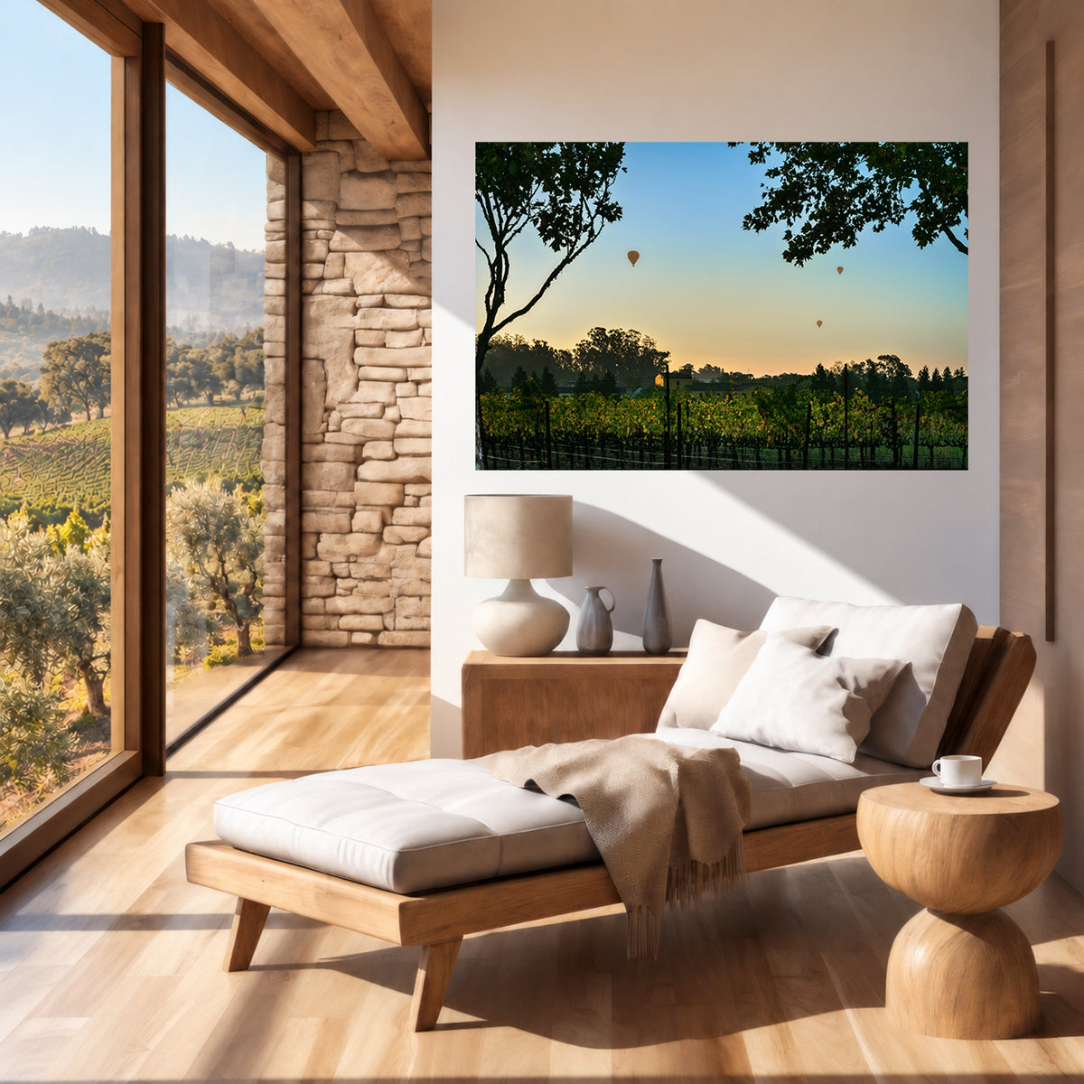 Large frameless acrylic print of Drifting By displayed in a sunlit luxury lounge overlooking vineyard rows and rolling wine-country hills.