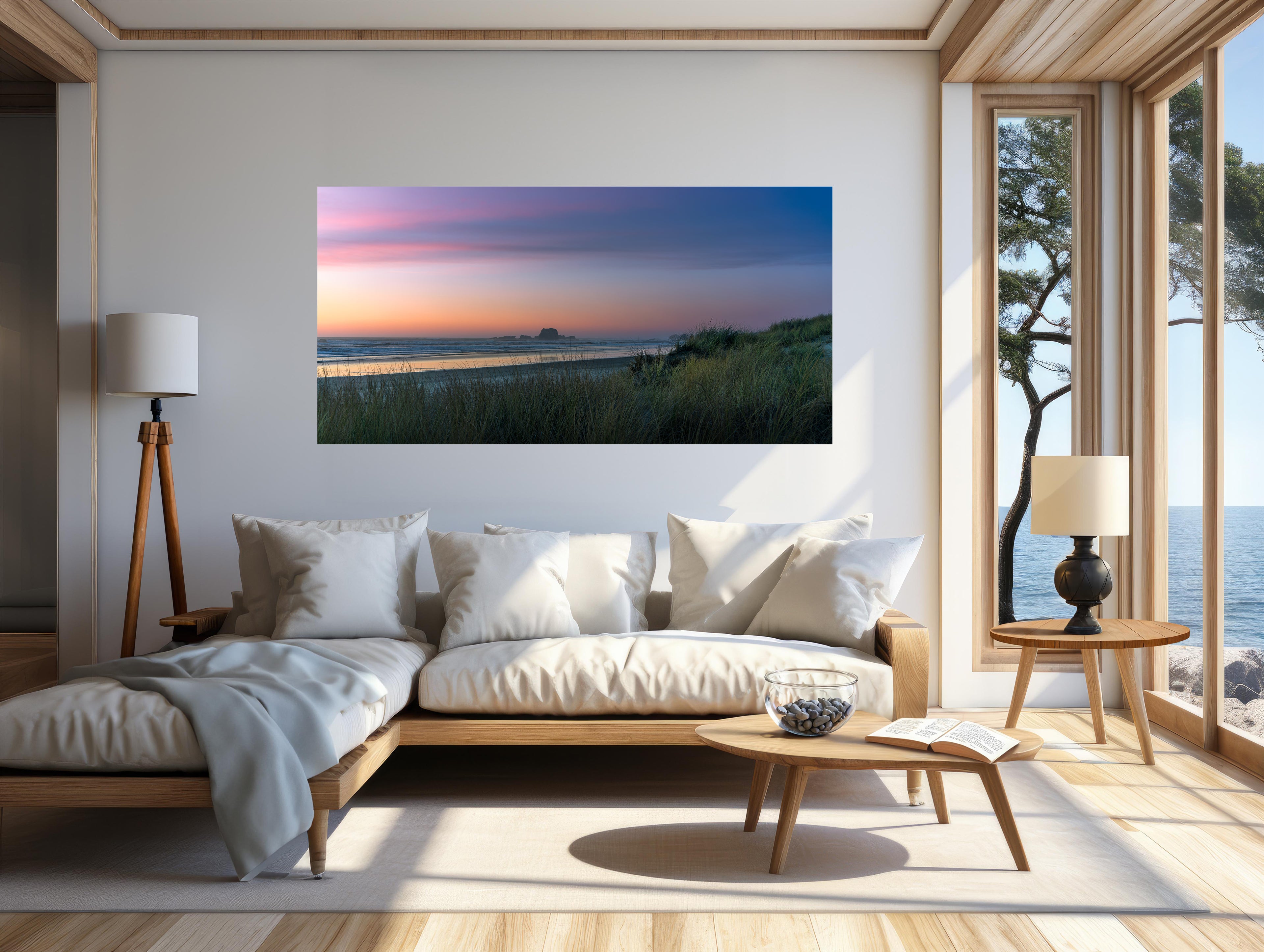 Fleeting Light displayed as panoramic acrylic fine art above a white sofa in a serene coastal interior.