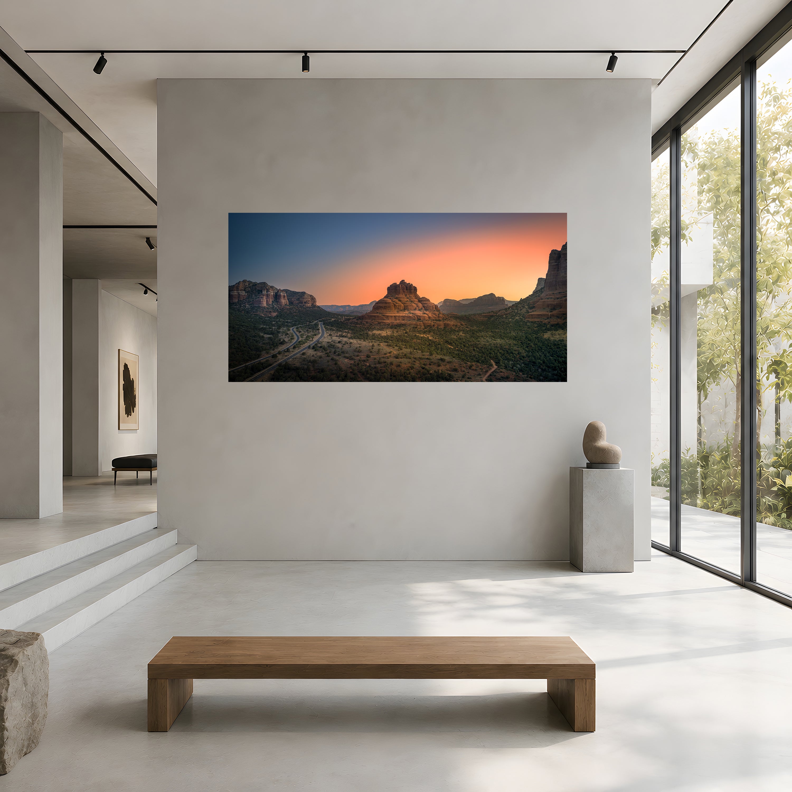 First Breath displayed as large-format panoramic acrylic fine art in a minimalist contemporary gallery interior.