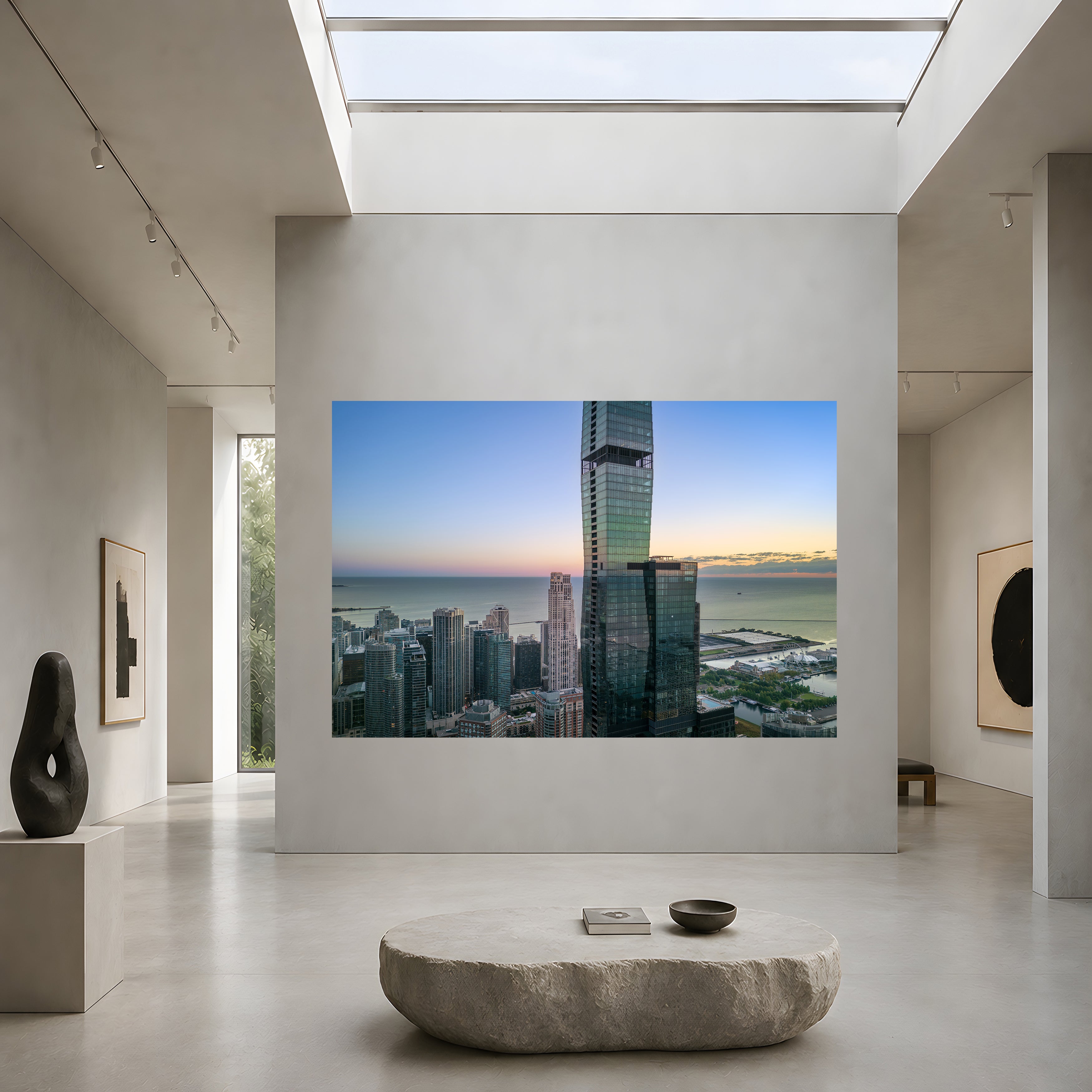 Large-scale Beyond Measure Chicago aerial photograph displayed on a monumental wall in a contemporary gallery beneath a skylight.