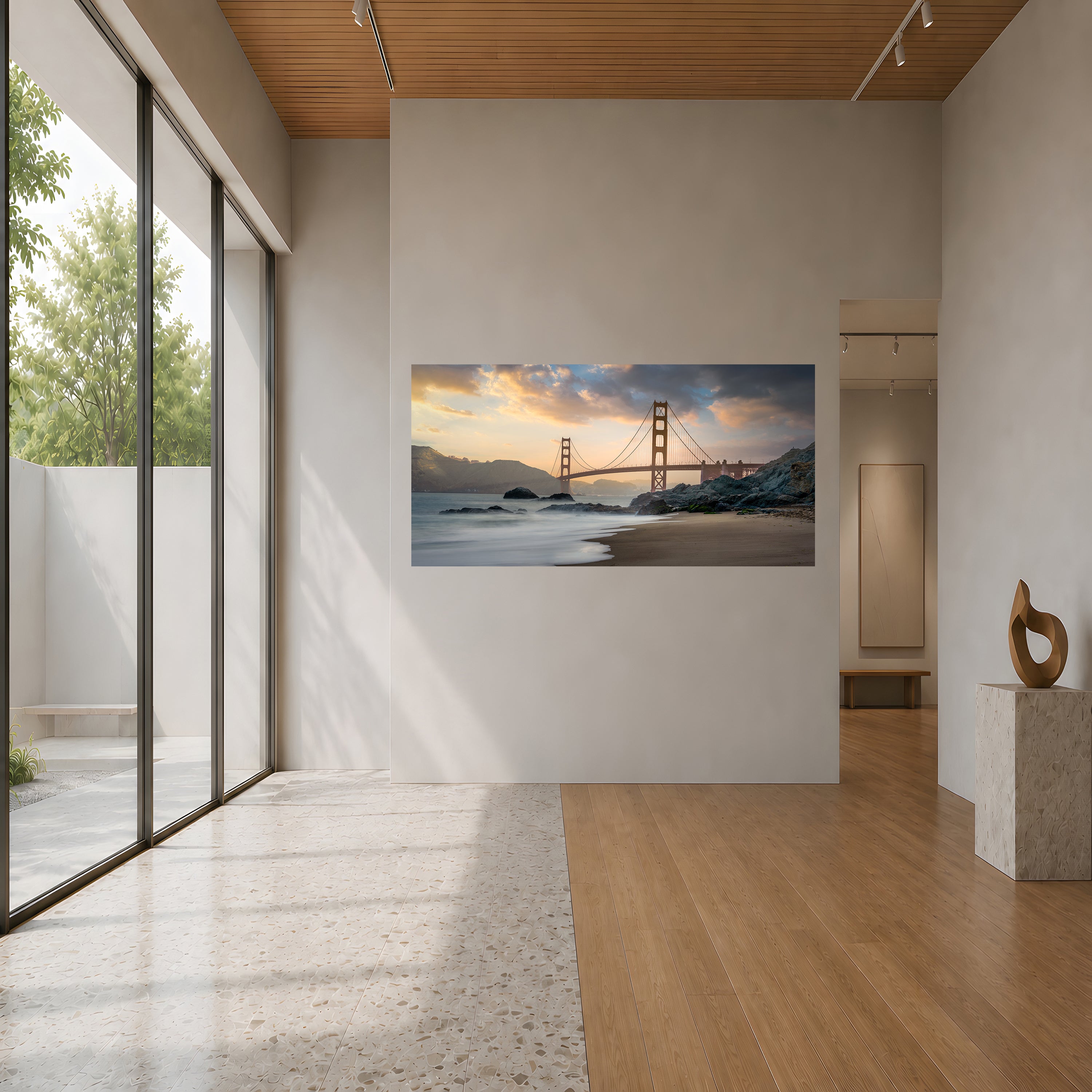 Quiet Arrival displayed as large-format acrylic fine art in a light-filled contemporary gallery interior.
