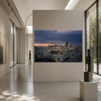 Large-scale Morning Overture San Francisco cityscape displayed as contemporary wall art in an elegant, light-filled gallery interior.
