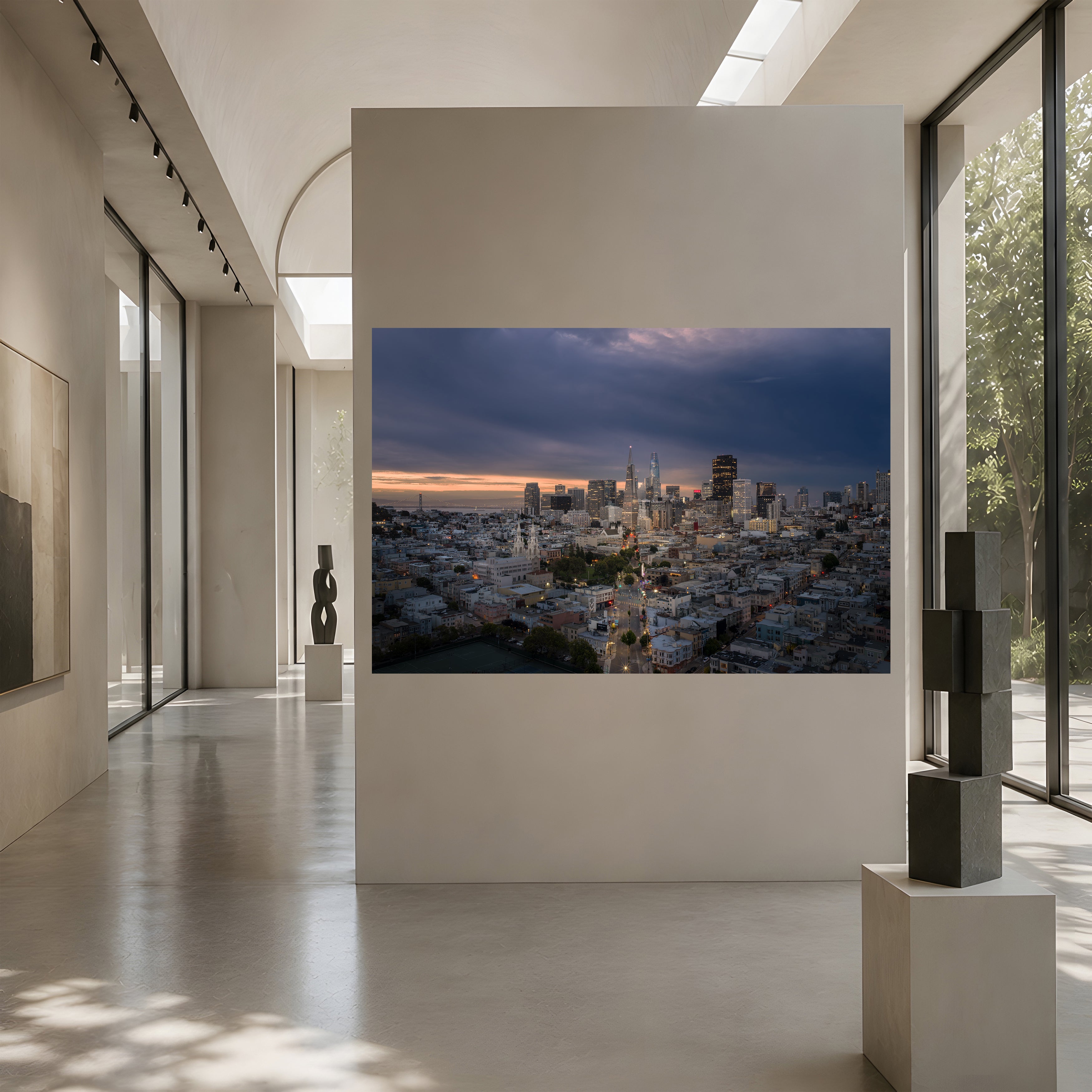 Large-scale Morning Overture San Francisco cityscape displayed as contemporary wall art in an elegant, light-filled gallery interior.