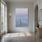 Between Two Worlds displayed as a large vertical acrylic artwork in an elegant, light-filled contemporary hallway.