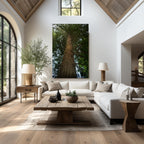 The Long Ascent large-format redwood artwork displayed in an elegant vaulted living room.