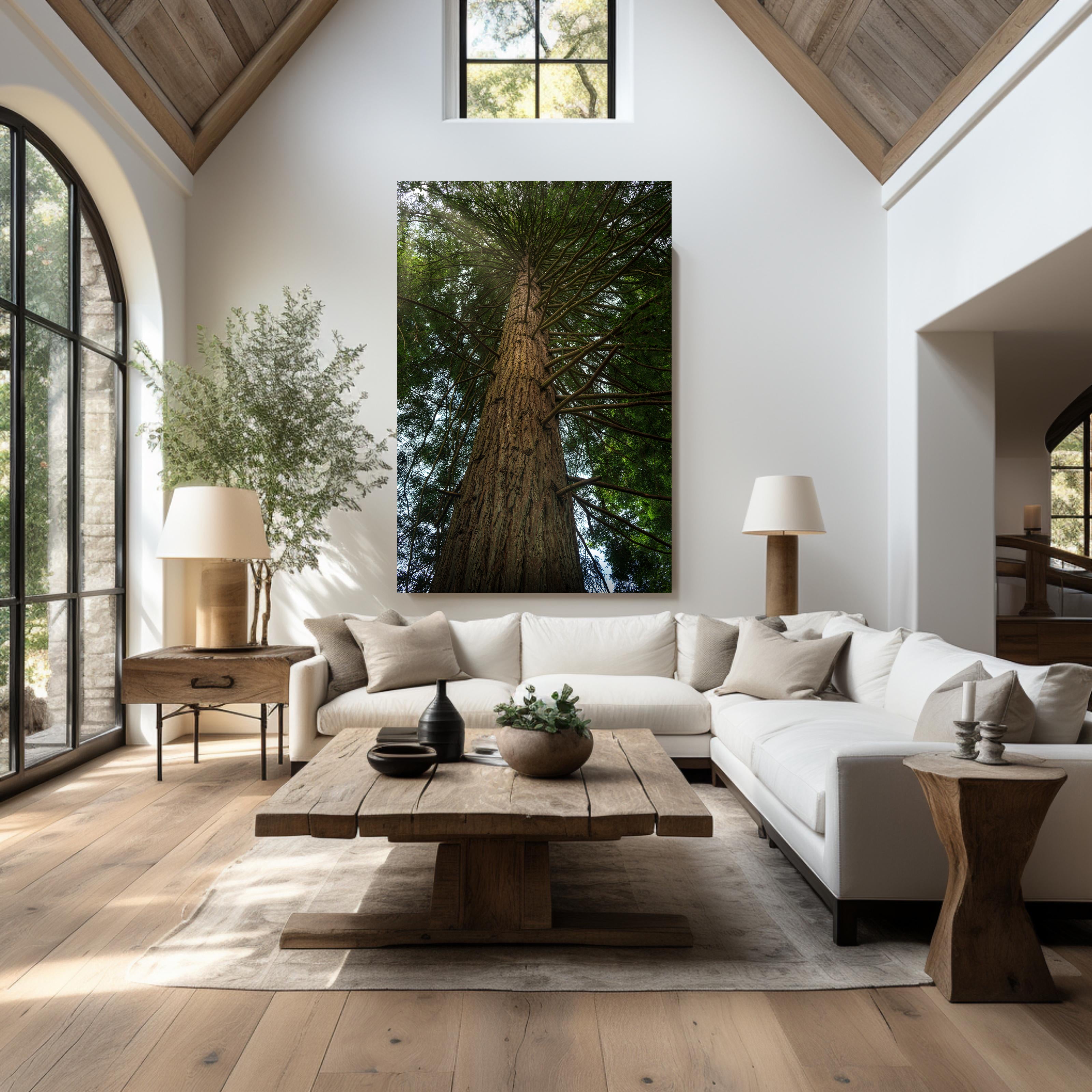 The Long Ascent large-format redwood artwork displayed in an elegant vaulted living room.