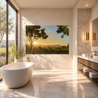 Large acrylic print of Morning Veil, depicting a misty Sonoma vineyard at dawn, displayed above a freestanding tub in a serene luxury bathroom.