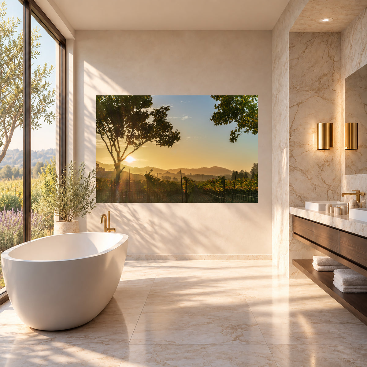 Large acrylic print of Morning Veil, depicting a misty Sonoma vineyard at dawn, displayed above a freestanding tub in a serene luxury bathroom.