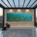 The Dance Below panoramic water photograph displayed on a pale stone wall in a modern glass-walled room with black lounge chairs and warm overhead lighting.