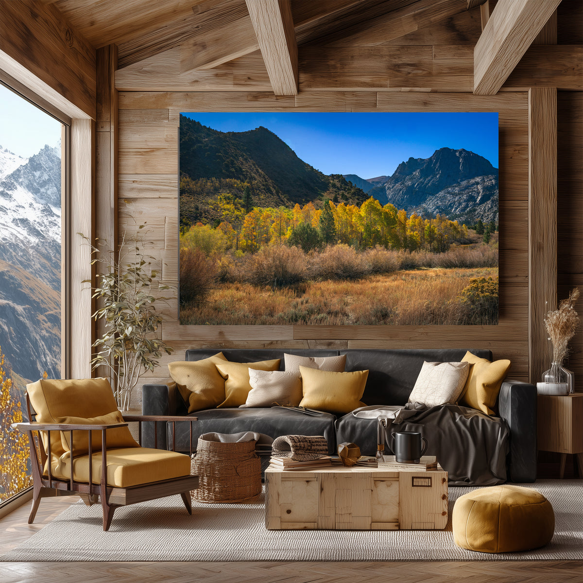 Sierra Saffron displayed above a charcoal sofa in a wood-paneled mountain living room with saffron cushions and a mountain view.