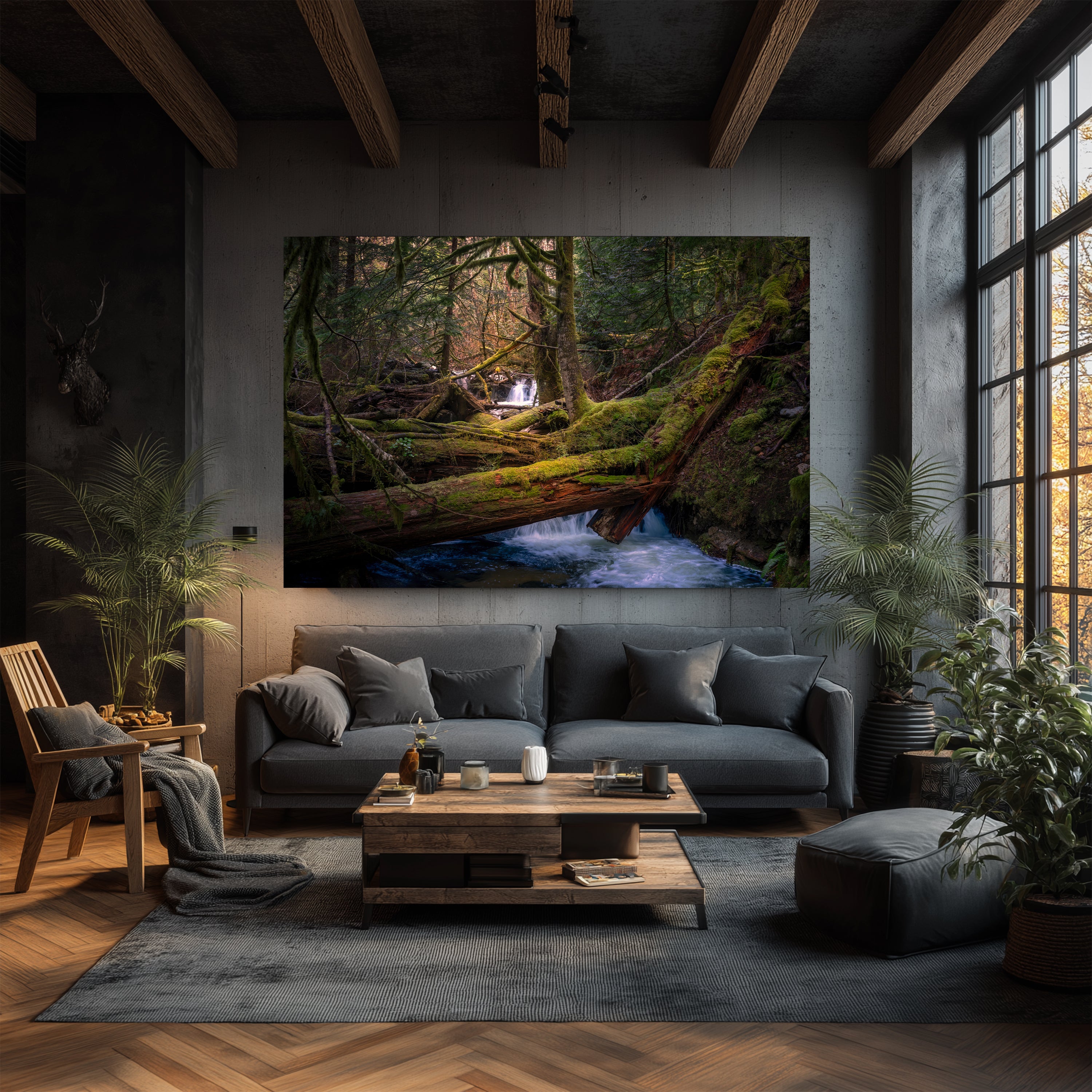 Hidden Sanctuary displayed as large-format acrylic fine art above a dark sofa in a rustic contemporary living room.