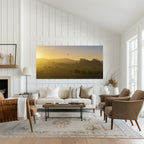 Quiet Summons panoramic vineyard artwork displayed above a sofa in an elegant neutral-toned living room.