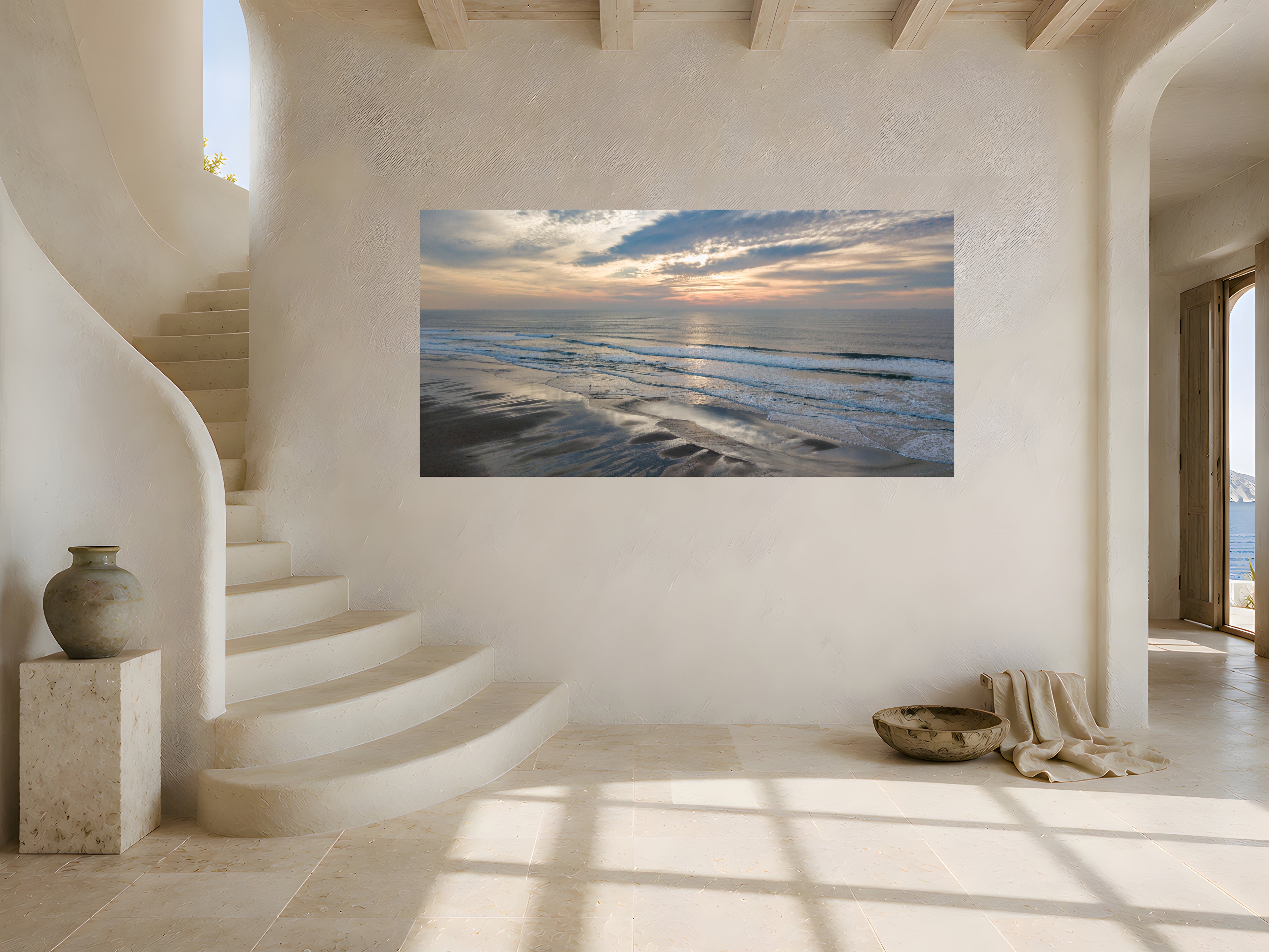 Refracted Silence panoramic coastal artwork displayed as a large acrylic print in a serene, light-filled interior.