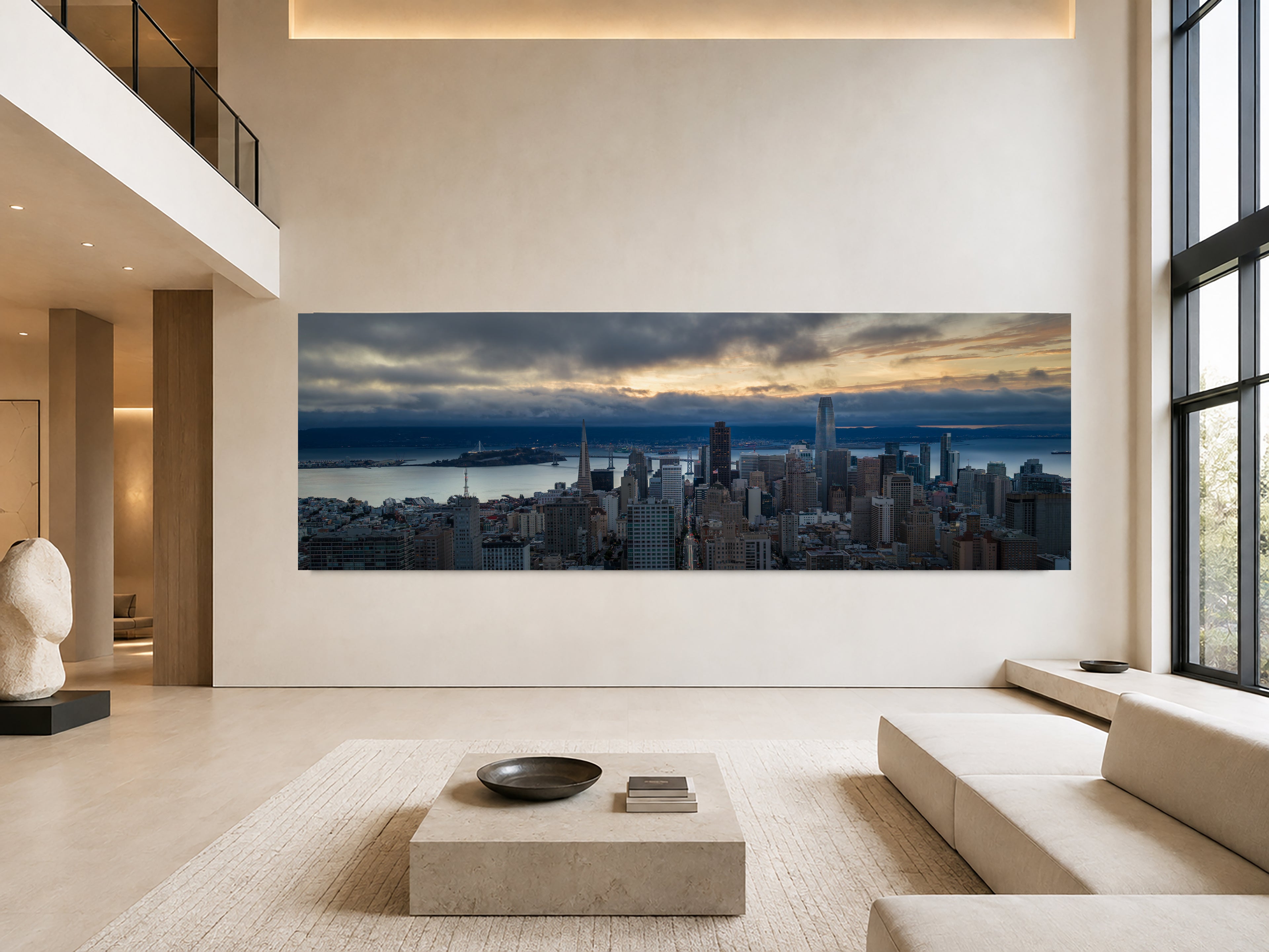 Large panoramic acrylic print of Gathering Light displayed in a spacious double-height contemporary interior with warm neutral furnishings.