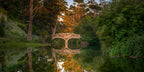 Panoramic photograph of a secluded stone bridge in Golden Gate Park, illuminated by warm evening light and reflected in still woodland water.