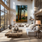 Sentinel displayed as large-format vertical acrylic fine art above a white sofa in a warm contemporary living room.