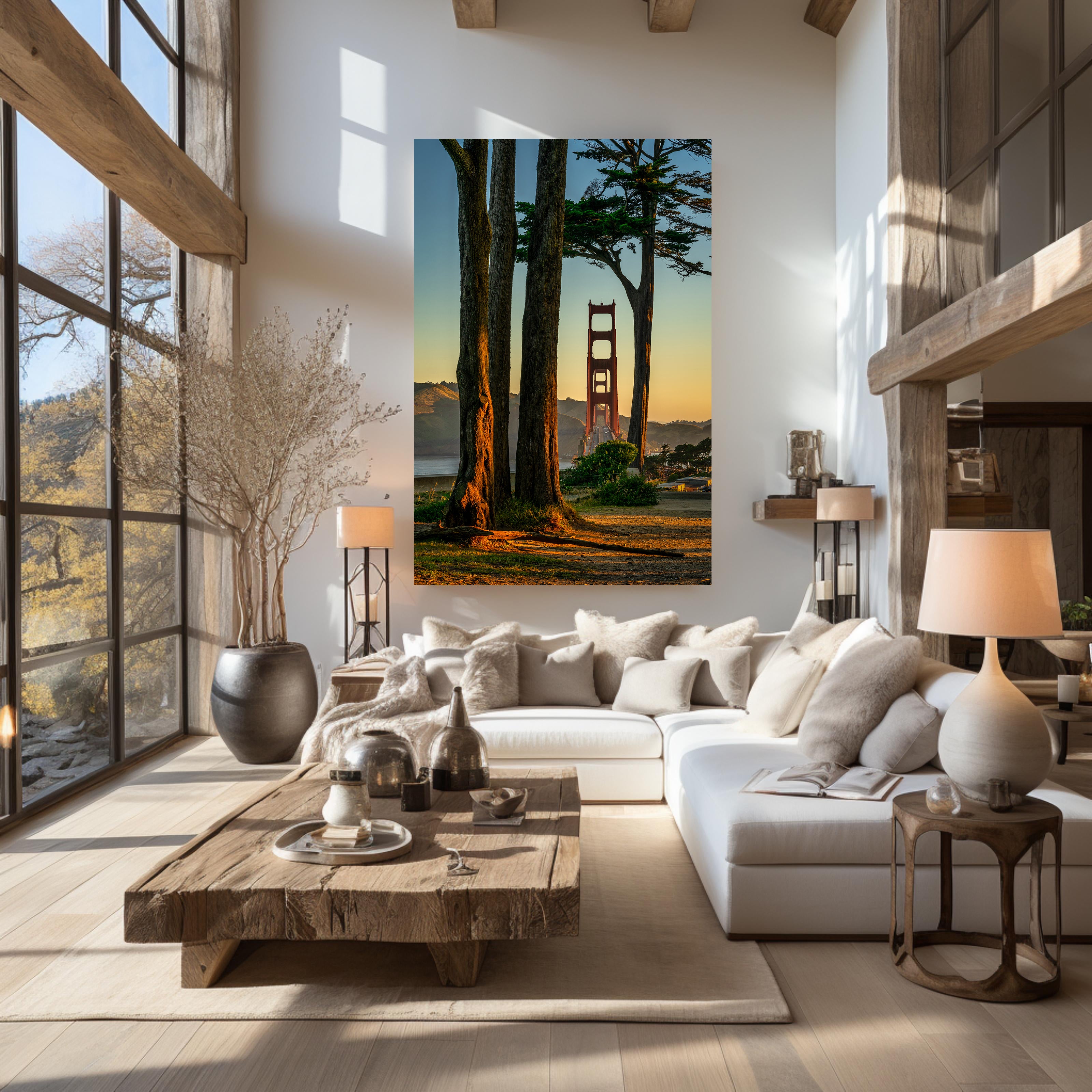 Sentinel displayed as large-format vertical acrylic fine art above a white sofa in a warm contemporary living room.