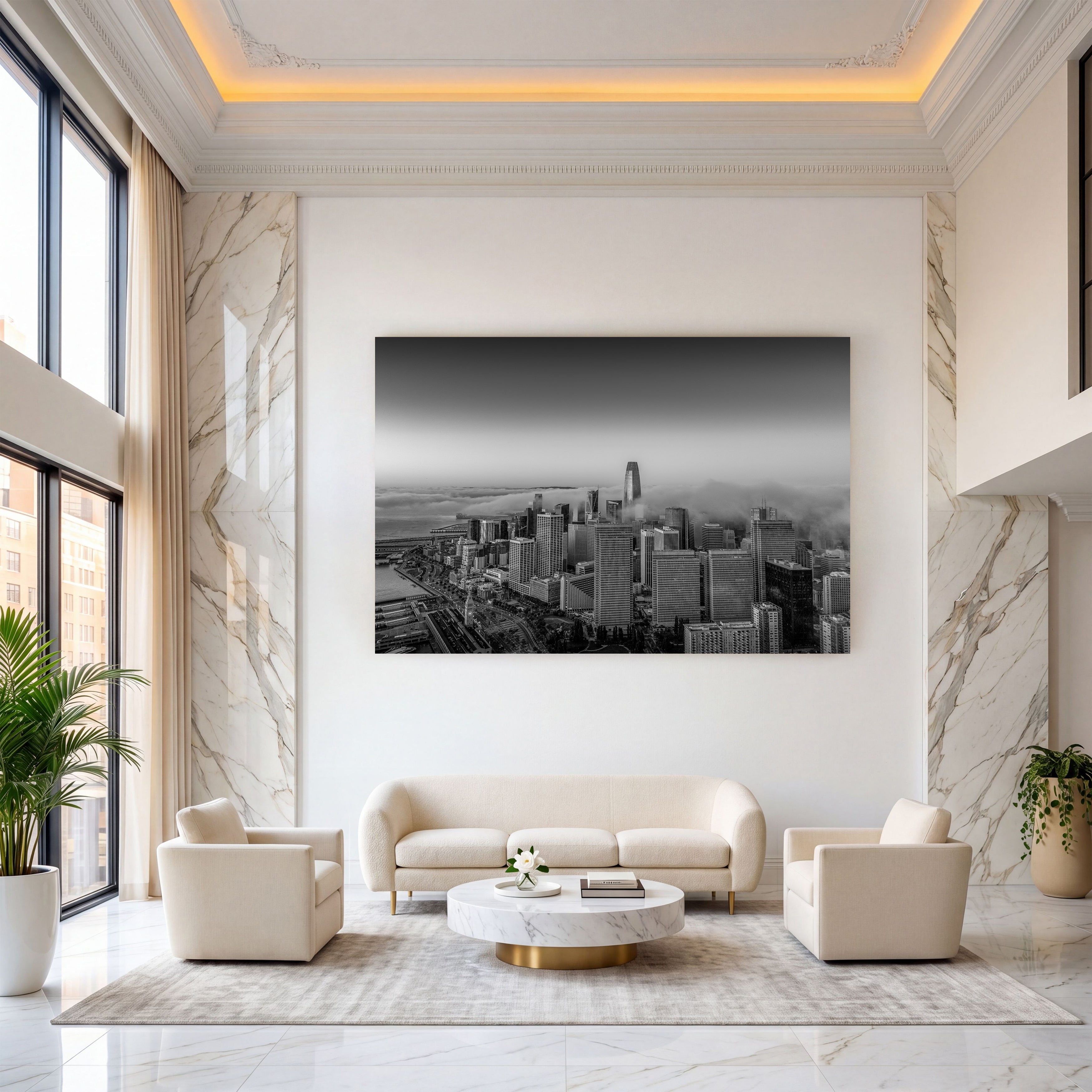 Large black-and-white San Francisco skyline artwork displayed in an elegant marble-lined lobby with cream seating.