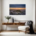 The Turning Hour displayed as large-format acrylic fine art above a wood console in an elegant neutral interior.