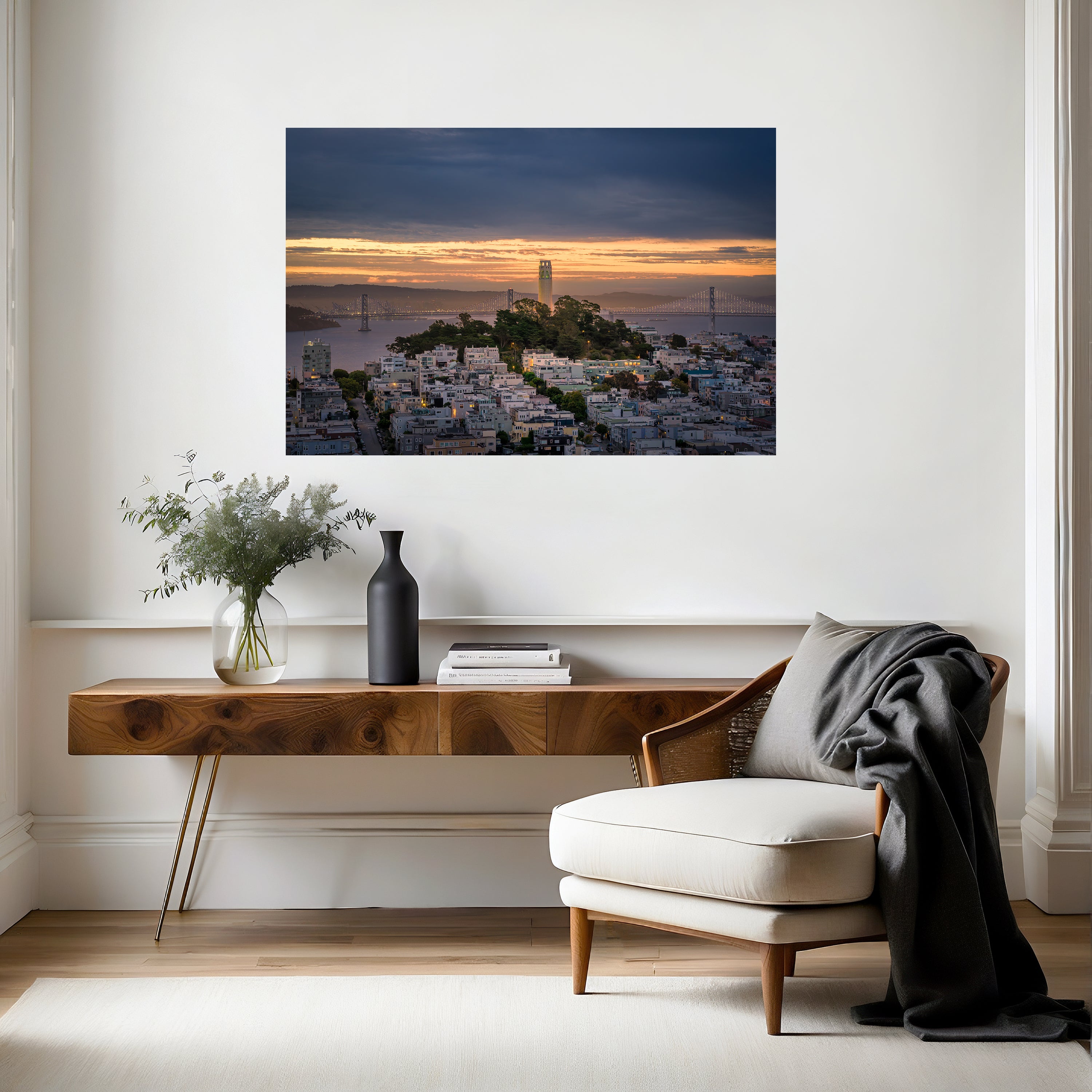 The Turning Hour displayed as large-format acrylic fine art above a wood console in an elegant neutral interior.