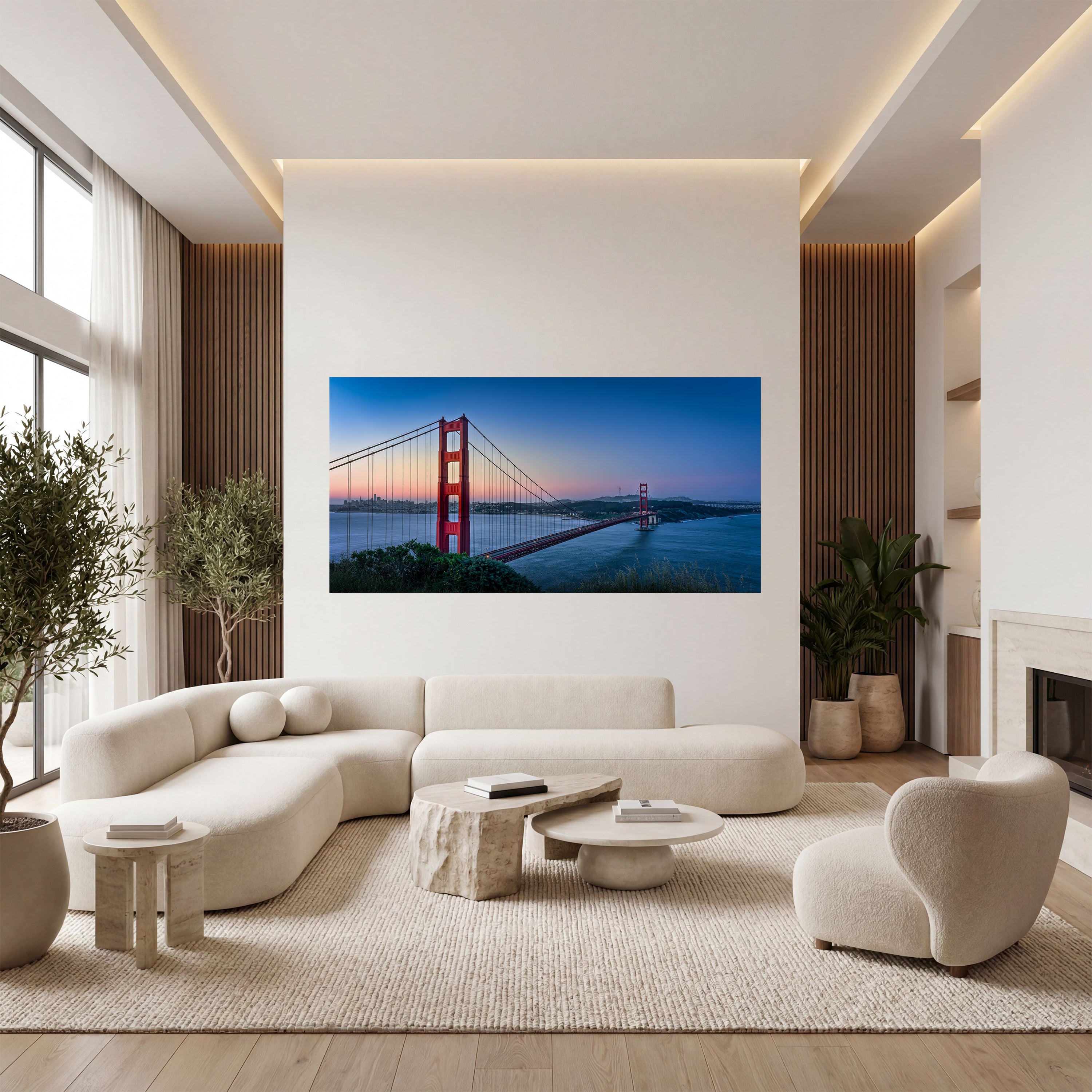 Threshold displayed as panoramic acrylic fine art above a cream lounge chair in an elegant neutral interior.