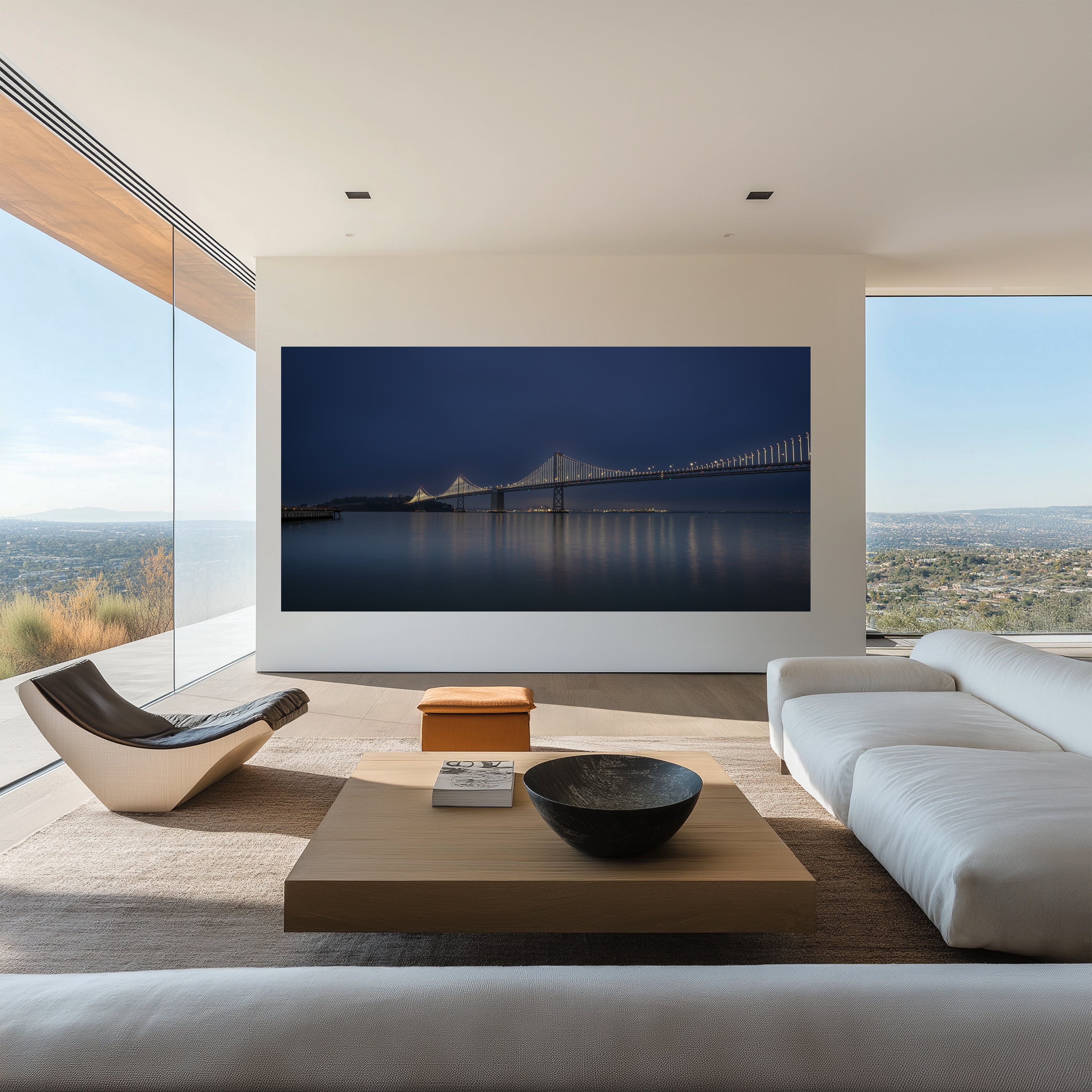 Large-scale acrylic print of Where Night Softens featuring the illuminated Bay Bridge, displayed in a contemporary interior.